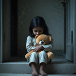 A young girl sits barefoot on a doorstep, hugging a teddy bear tightly with a sad expression. The scene is dimly lit, conveying loneliness and emotional distress.